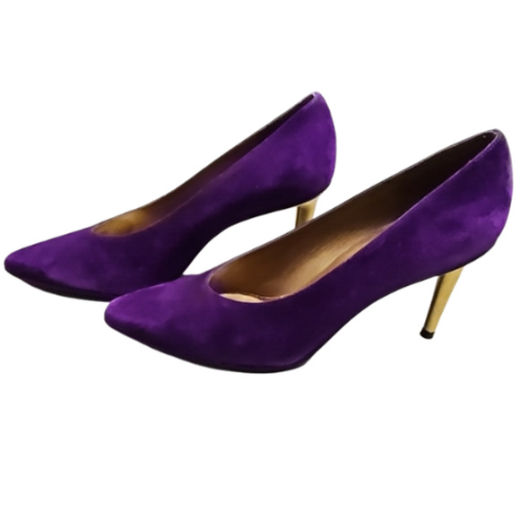 Stuart Weitzman Shoes - Stuart Weitzman Purple Suede Goldtone Stiletto Heel Pumps Size 7 1/2 M